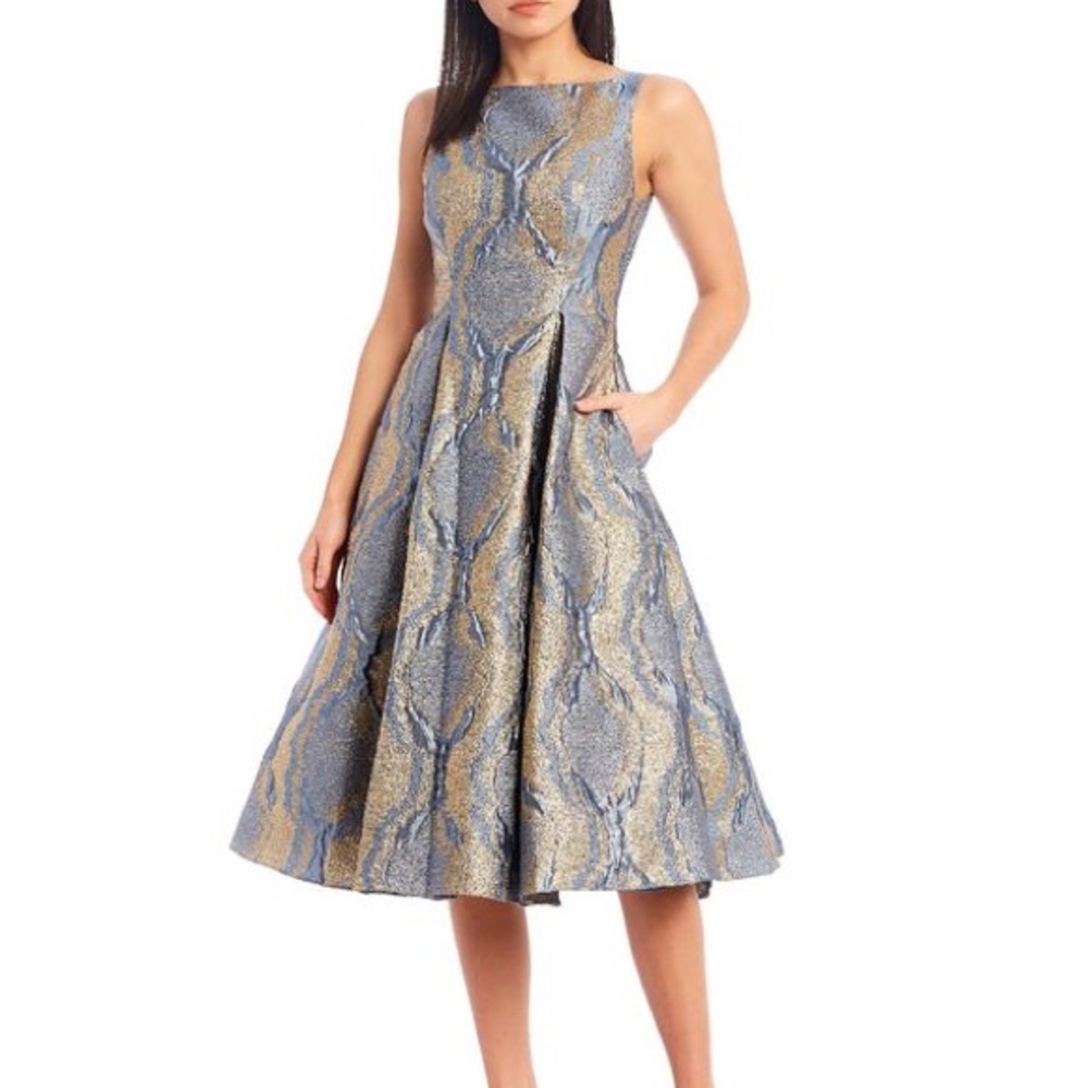 Adrianna Papell  Metallic Brocade fit and flare blue and gold midi dress